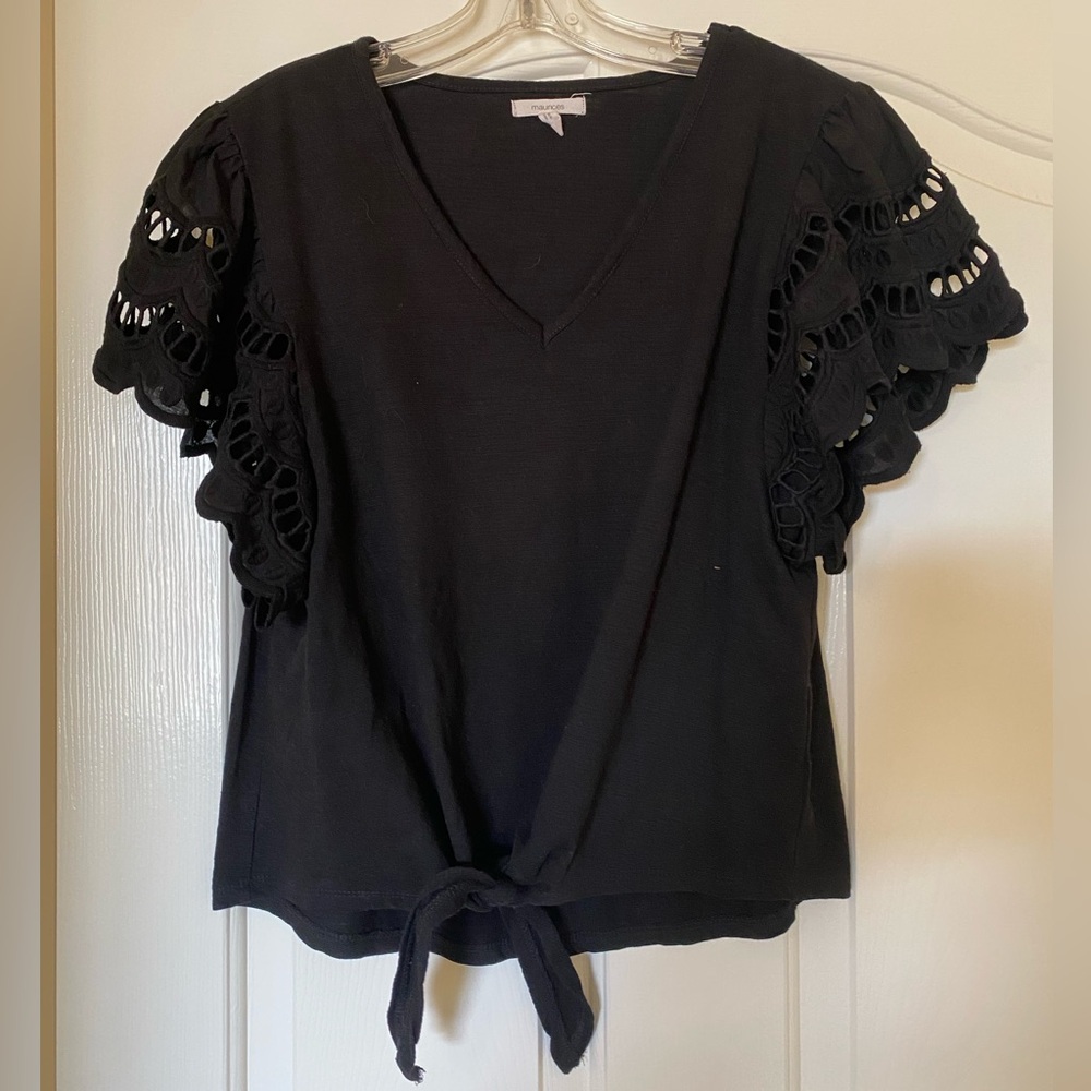 Maurices Women’s Tie Front Top with Flutter Crochet Lace Sleeves Black Medium M